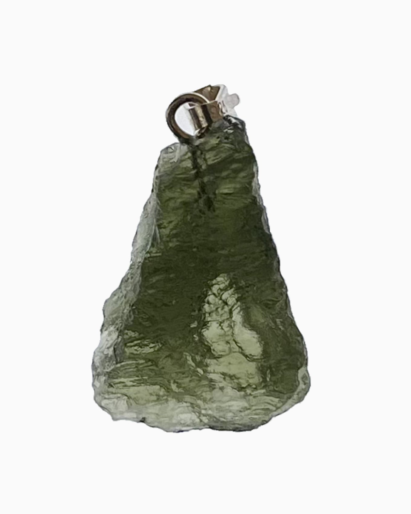 Colgante moldavita 2,46 g, reverso en macro con engarce visible y superficie natural, pieza única