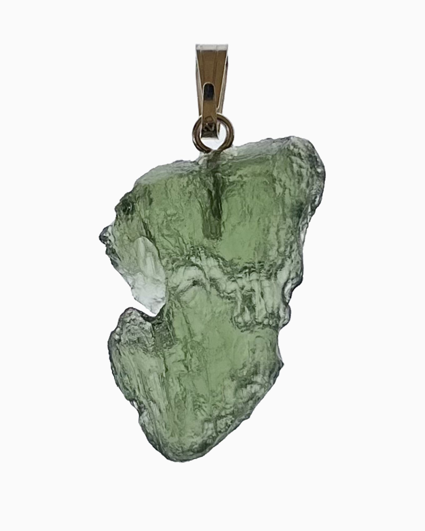 Colgante moldavita 2,72 g, reverso en macro con engarce visible y superficie natural, pieza única