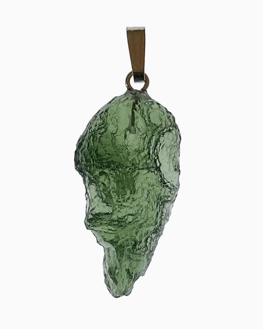 Colgante moldavita 3,16 g, vista frontal en macro, piedra natural engarzada, pieza única auténtica