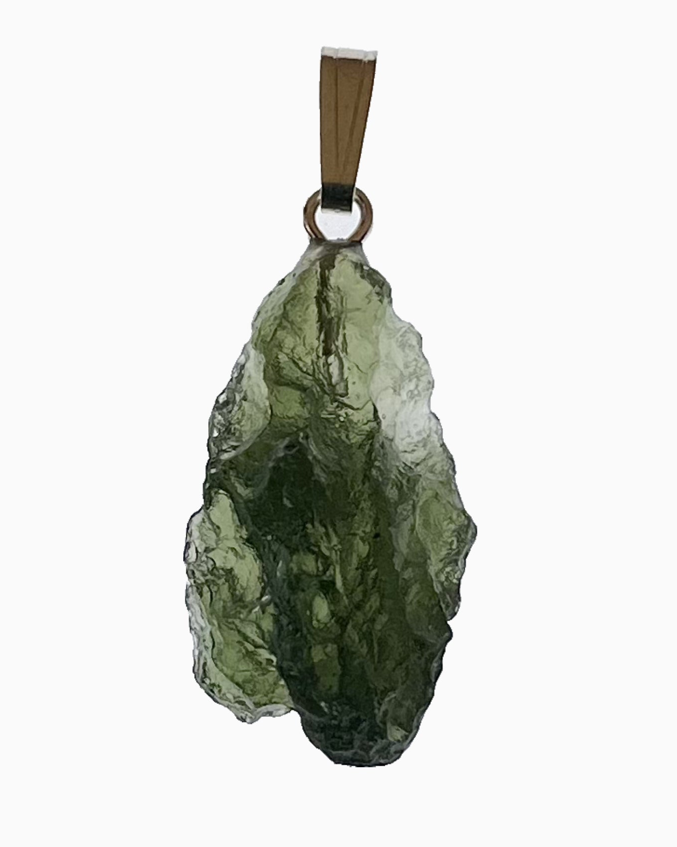 Colgante moldavita 2,35 g, vista frontal en macro, piedra natural engarzada, pieza única auténtica
