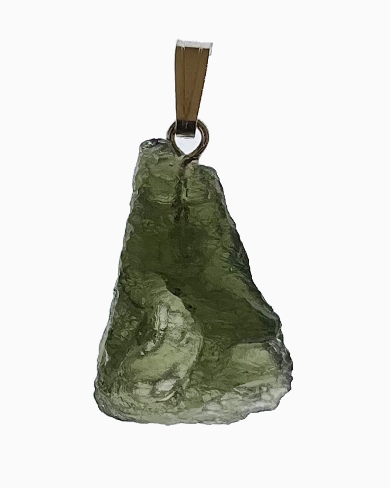 Colgante moldavita 2,46 g, vista frontal en macro, piedra natural engarzada, pieza única auténtica