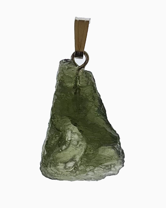 Colgante moldavita 2,46 g, vista frontal en macro, piedra natural engarzada, pieza única auténtica