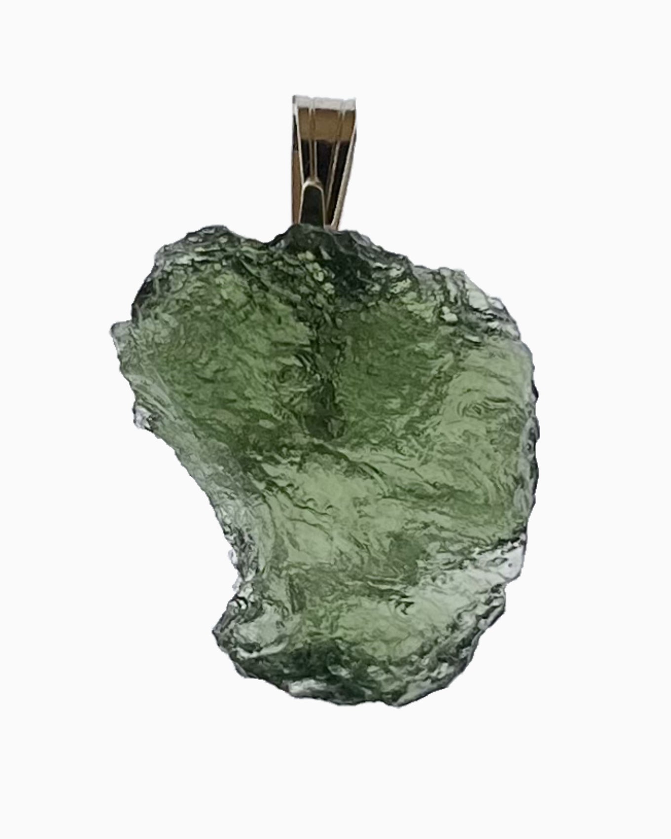Colgante moldavita 2,47 g, reverso en macro con engarce visible y superficie natural, pieza única