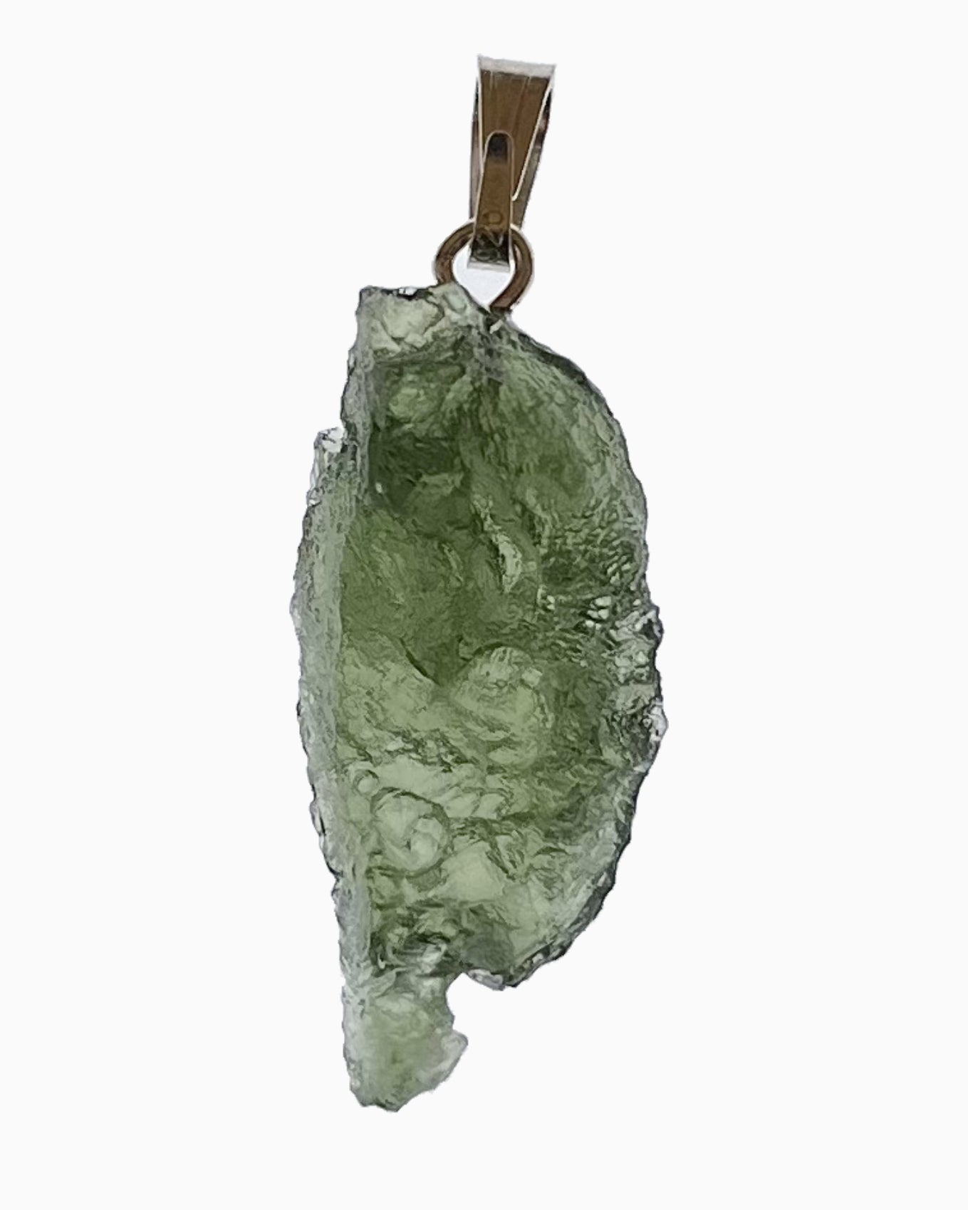 Colgante moldavita 2,52 g, reverso en macro con engarce visible y superficie natural, pieza única