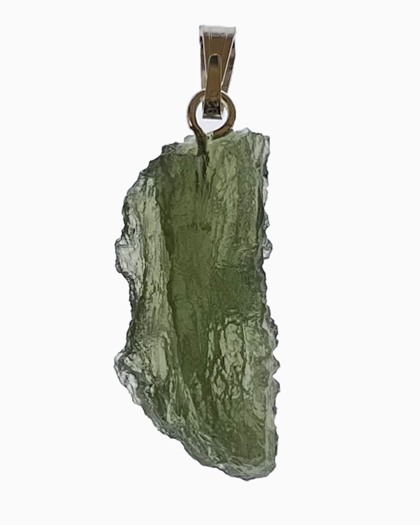 Colgante moldavita 2,55 g, reverso en macro con engarce visible y superficie natural, pieza única