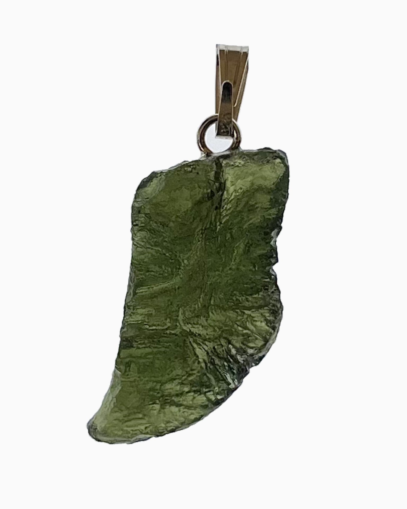 Colgante moldavita 2,71 g, reverso en macro con engarce visible y superficie natural, pieza única