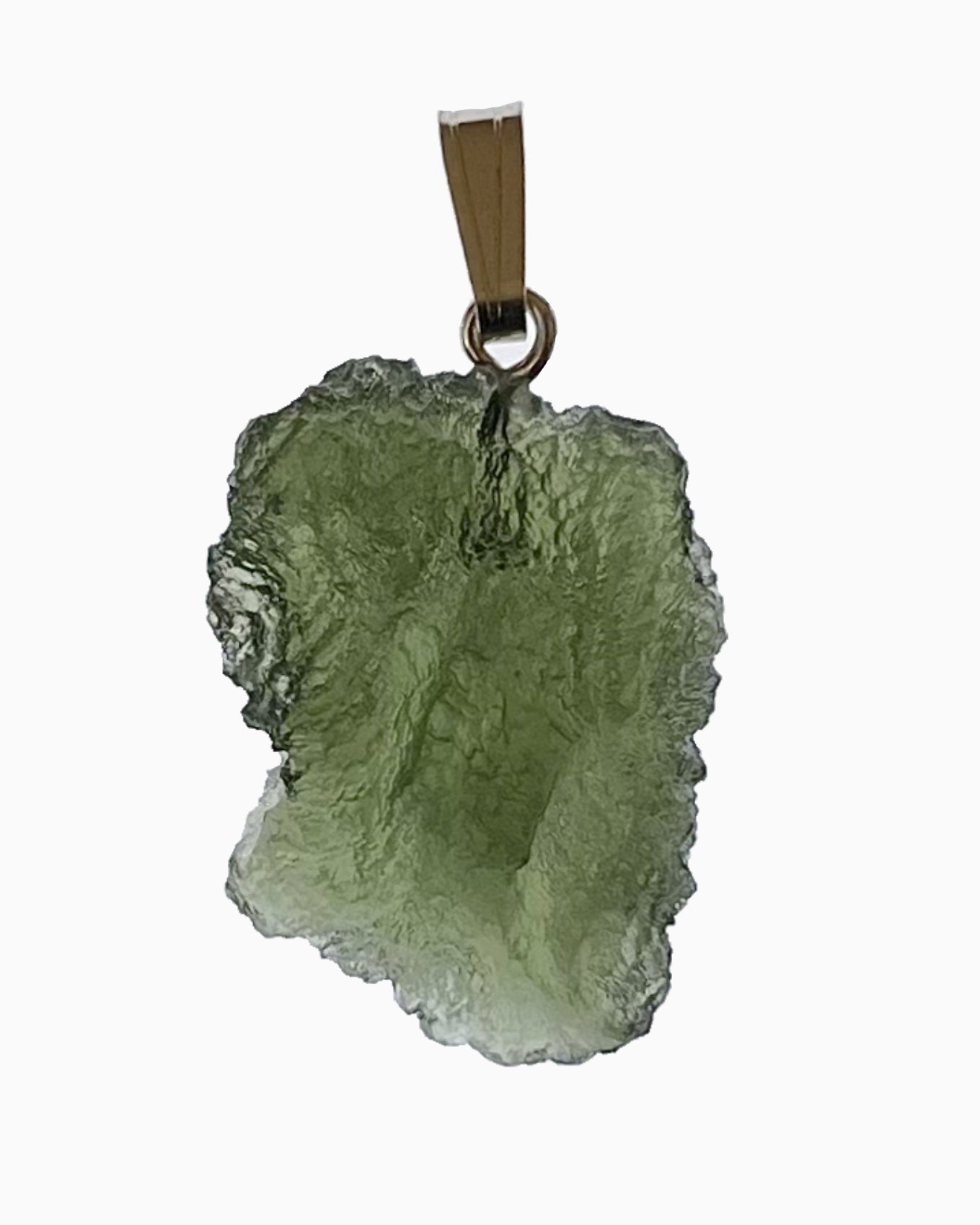 Colgante moldavita 2,80 g, vista frontal en macro, piedra natural engarzada, pieza única auténtica