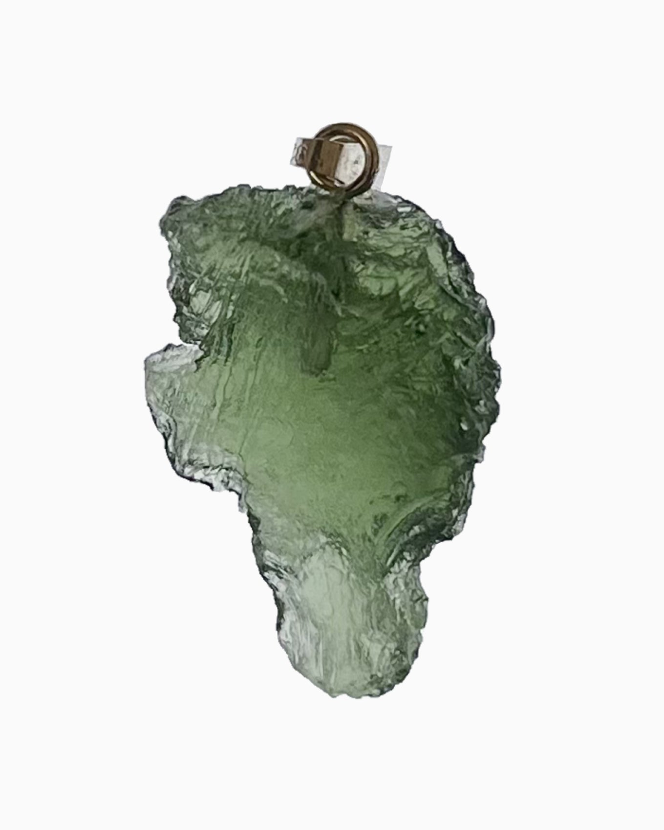 Colgante moldavita 2,84 g, reverso en macro con engarce visible y superficie natural, pieza única