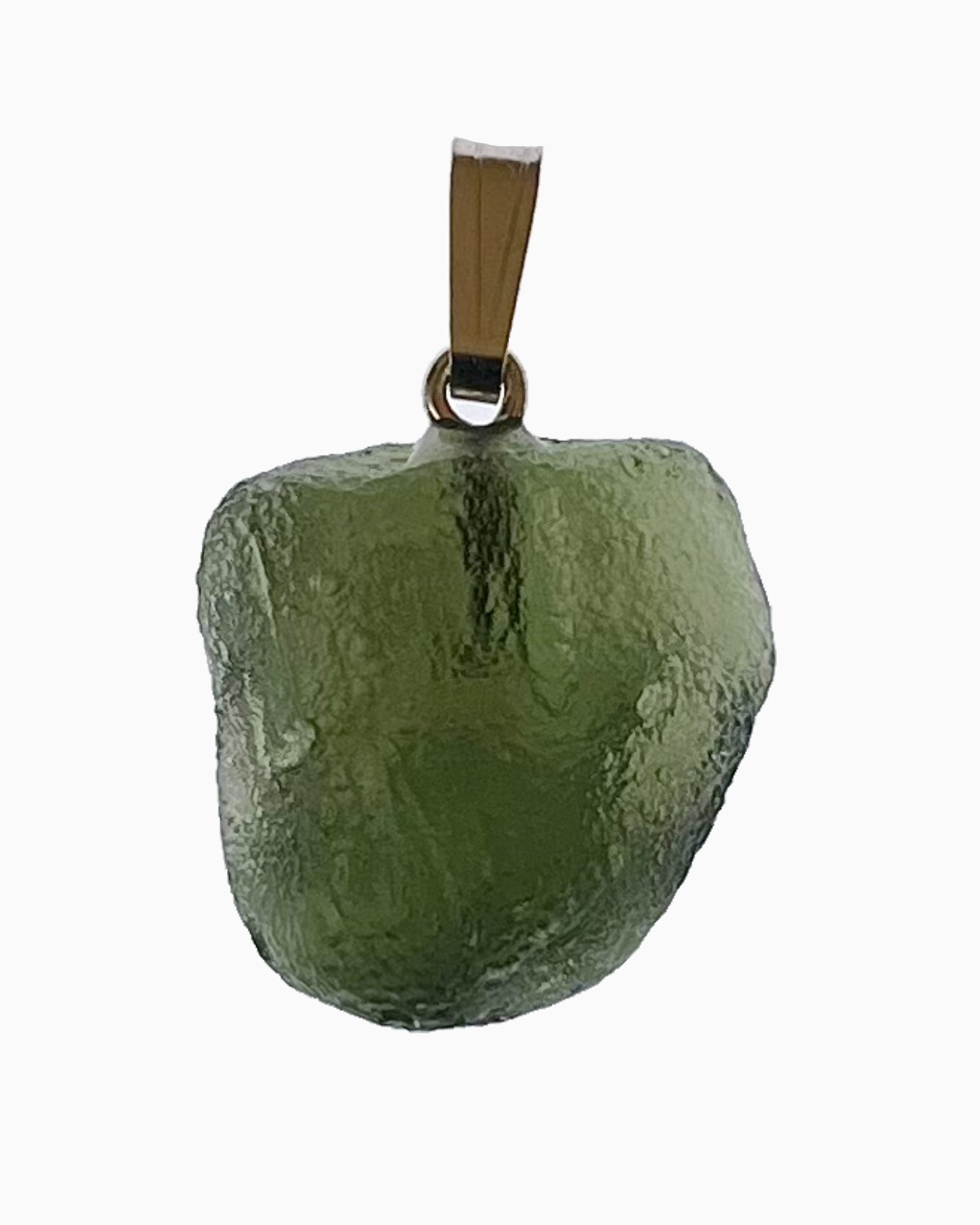 Colgante moldavita 2,91 g, vista frontal en macro, piedra natural engarzada, pieza única auténtica