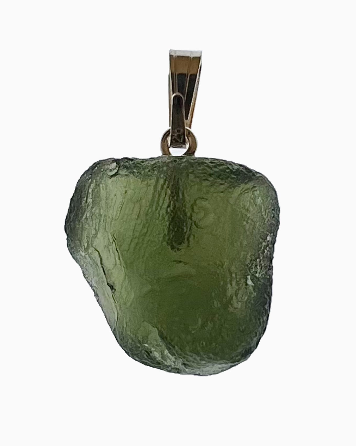 Colgante moldavita 2,91 g, reverso en macro con engarce visible y superficie natural, pieza única