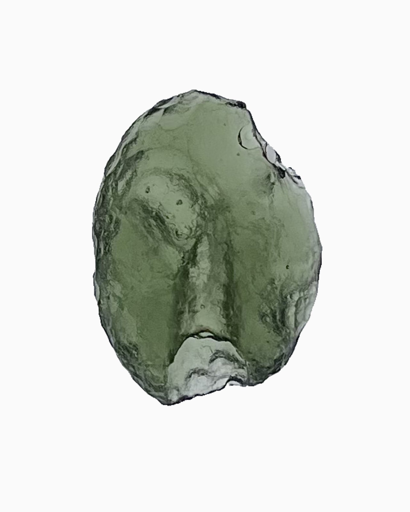 Moldavita en bruto 2,17 g, vista frontal en macro, textura natural, pieza única auténtica