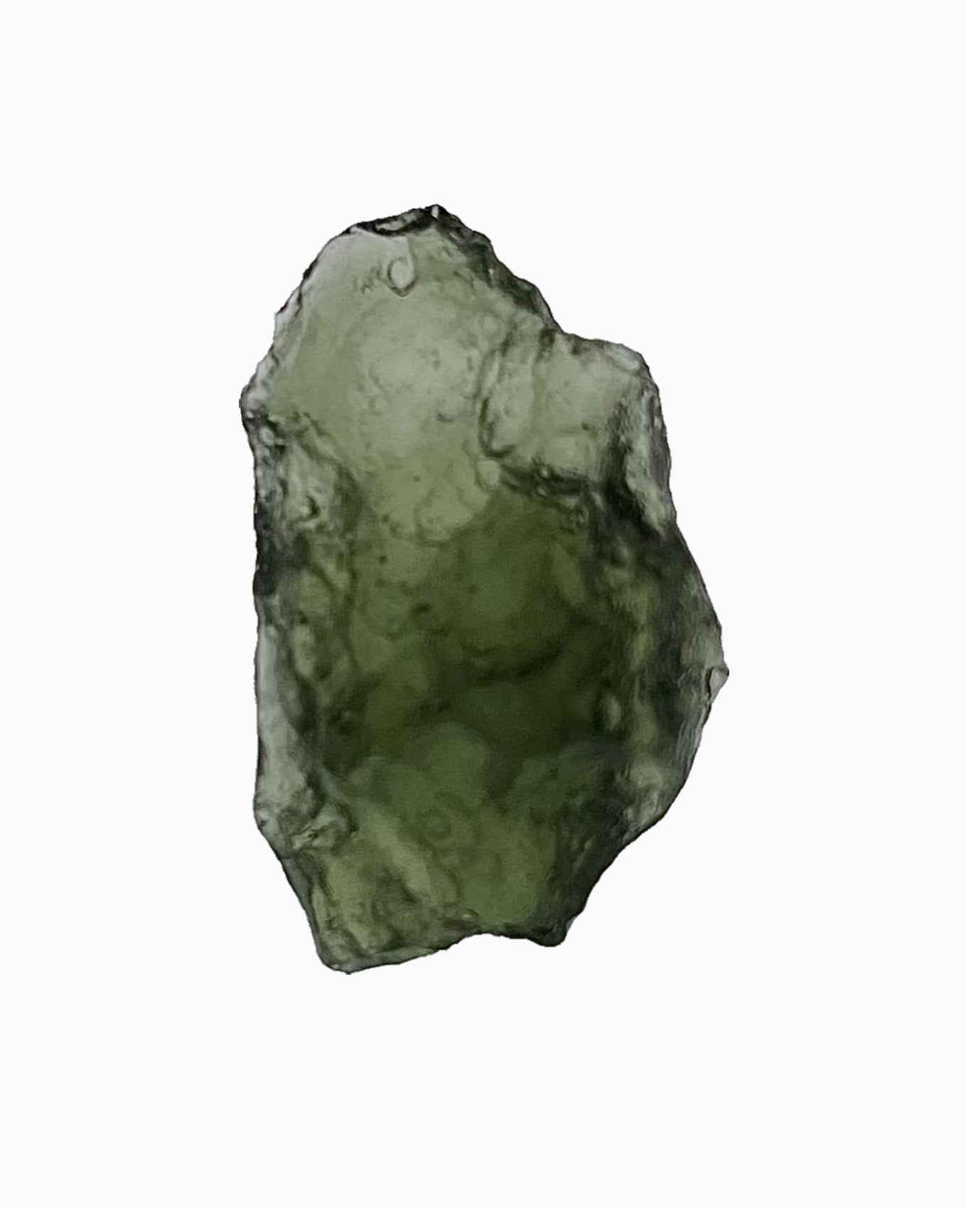 Moldavita en bruto 3,78 g, vista frontal en macro, textura natural, pieza única auténtica